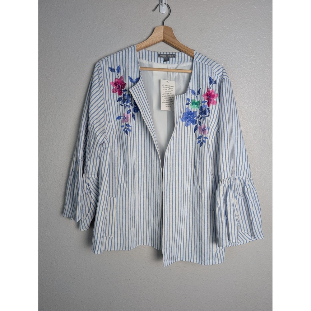 Jessica London Jacket Womens 22W White Linen Blend Collarless Embroidered Ruffle